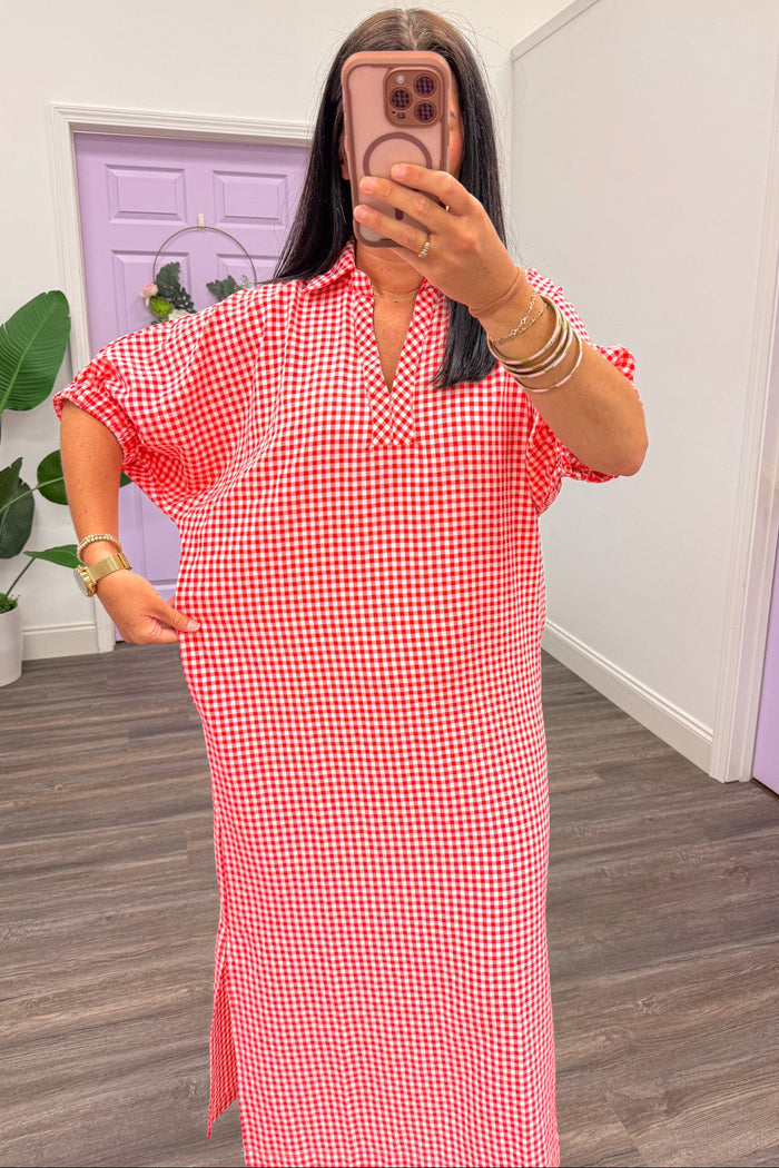 red and white gingham print short sleeve relaxed fit midi dress