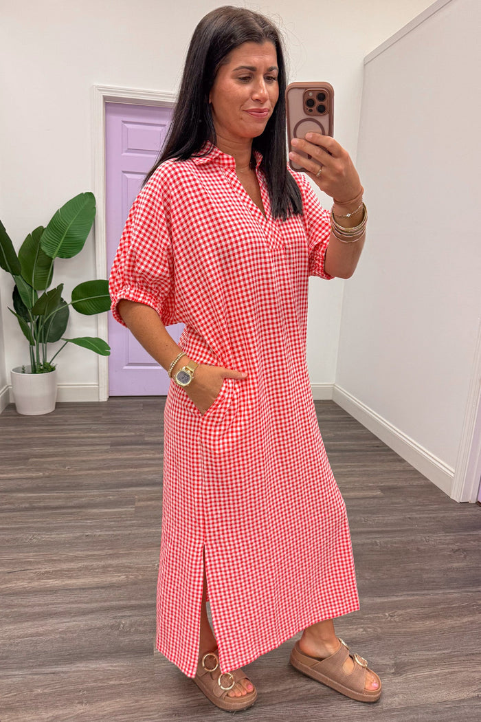 red and white gingham print short sleeve midi dress with side slits