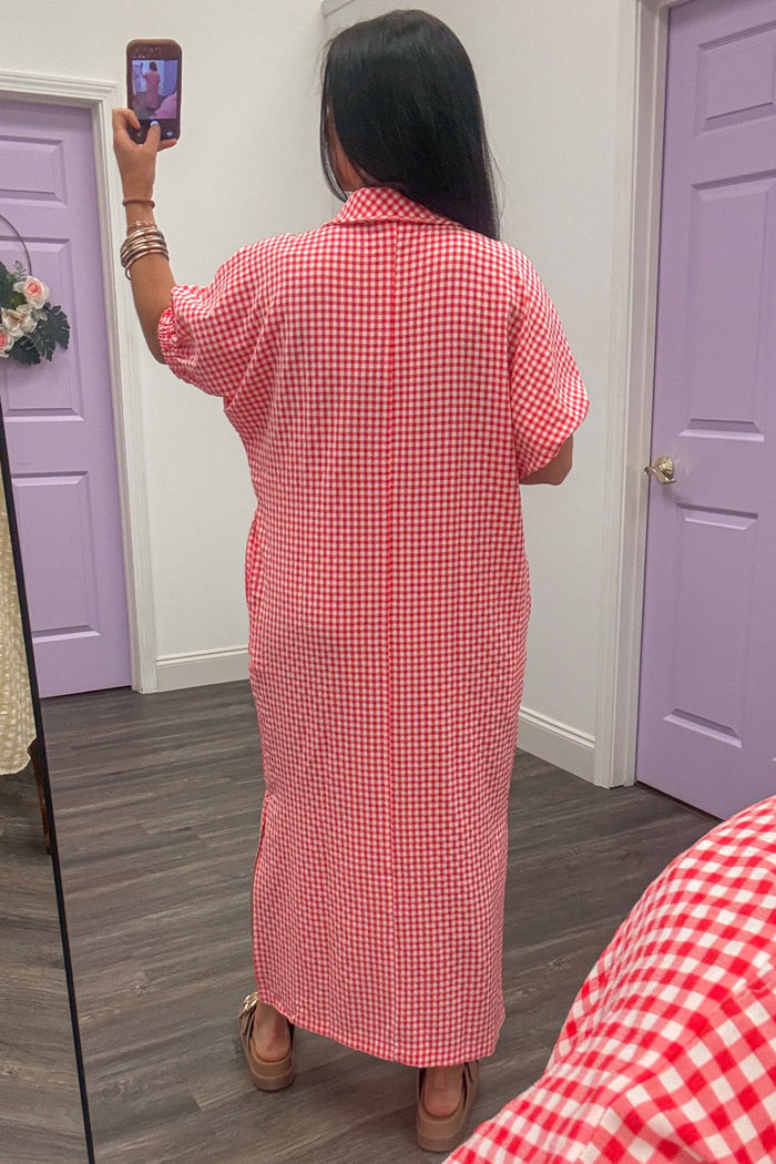 red and white gingham print elasticized short sleeves midi dress