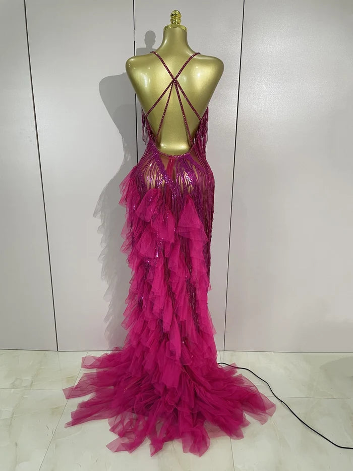 Gabrielle rhinestone fringe backless sheer maxi dress with sparkling crystals and elegant see-through design.