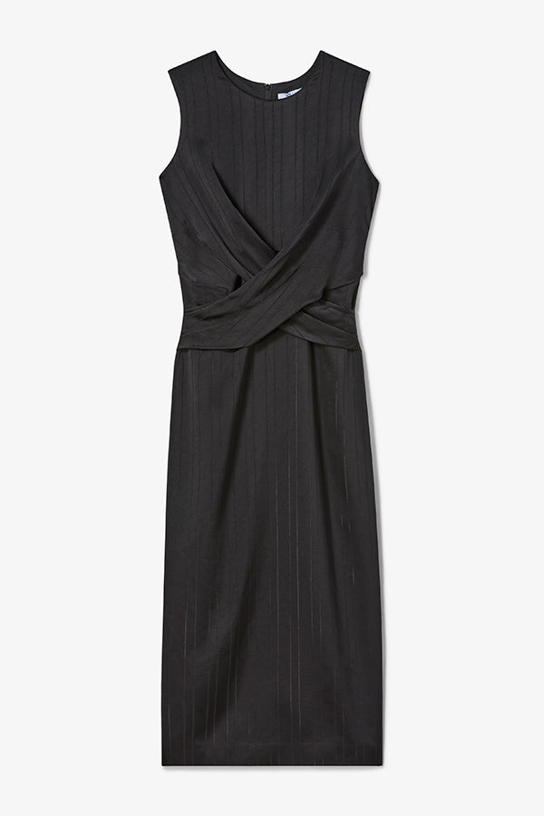 Black sleeveless dress with a draped design on a white background | Exclude | Still