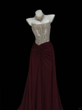Gentle A Line Strapless Rhinestone Dark Burgundy Satin Long Prom Dress Evening Dress