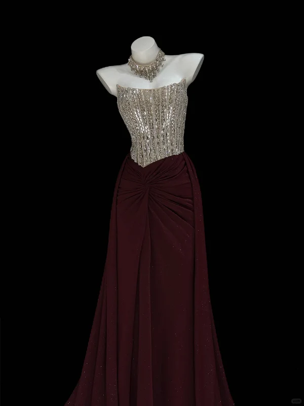 Gentle A Line Strapless Rhinestone Dark Burgundy Satin Long Prom Dress Evening Dress