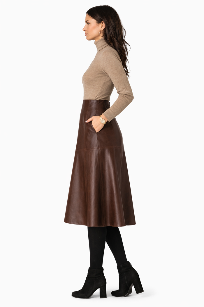Genuine Lambskin Leather A-Line Midi Skirt