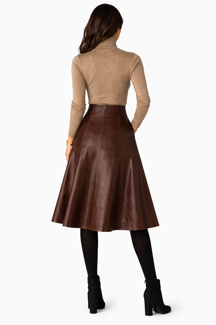 Genuine Lambskin Leather A-Line Midi Skirt