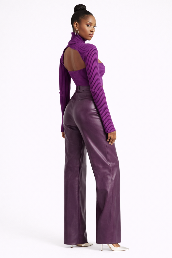 Genuine Lambskin Leather High-Waist Wide Leg Pants