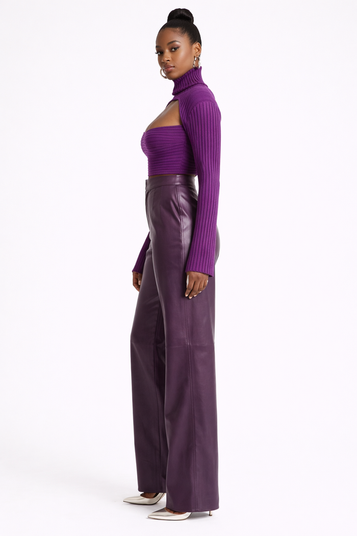 Genuine Lambskin Leather High-Waist Wide Leg Pants