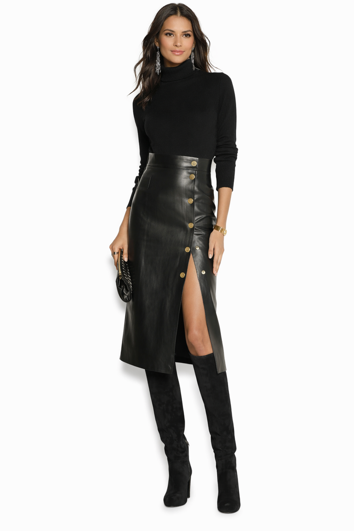 Genuine Lambskin Leather Midi Skirt