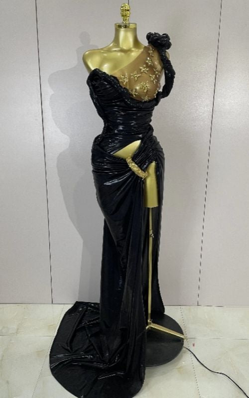 Sparkly Rhinestone One Shoulder High Split Maxi Evening Dress