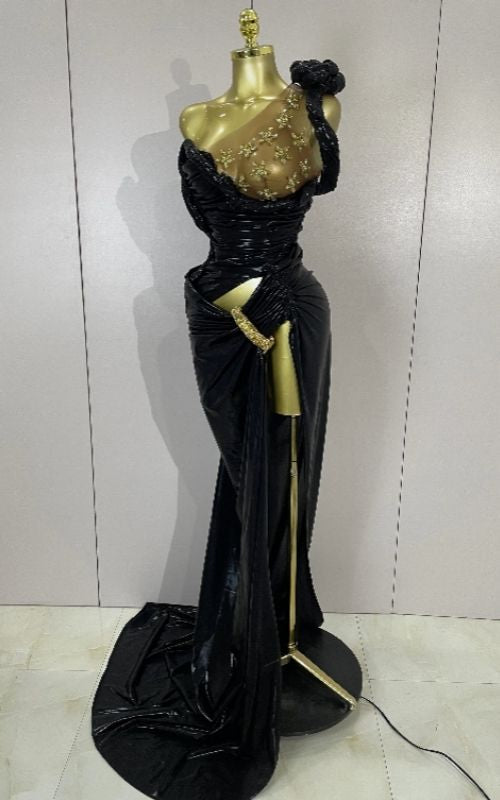 Sparkly Rhinestone One Shoulder High Split Maxi Evening Dress
