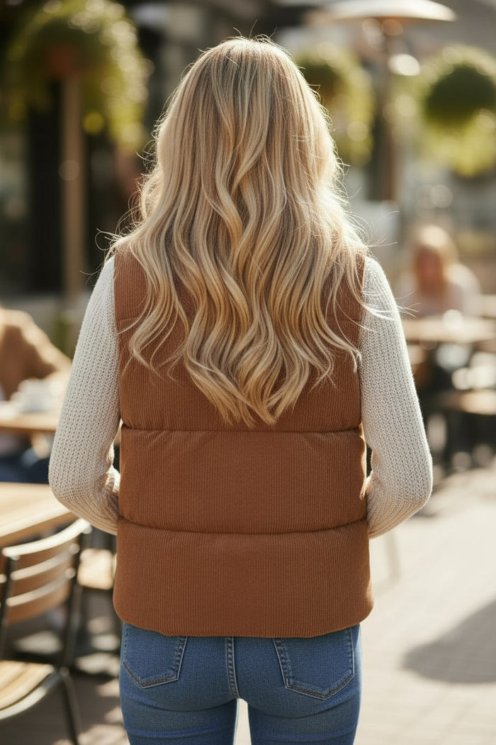 Gilet doudoune zippé à col montant en velours côtelé café