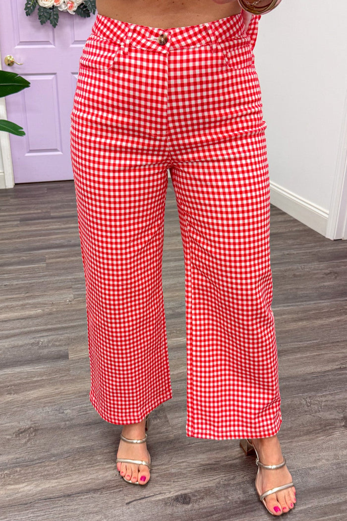 red and white gingham checkered print wide leg high waisted twill pants