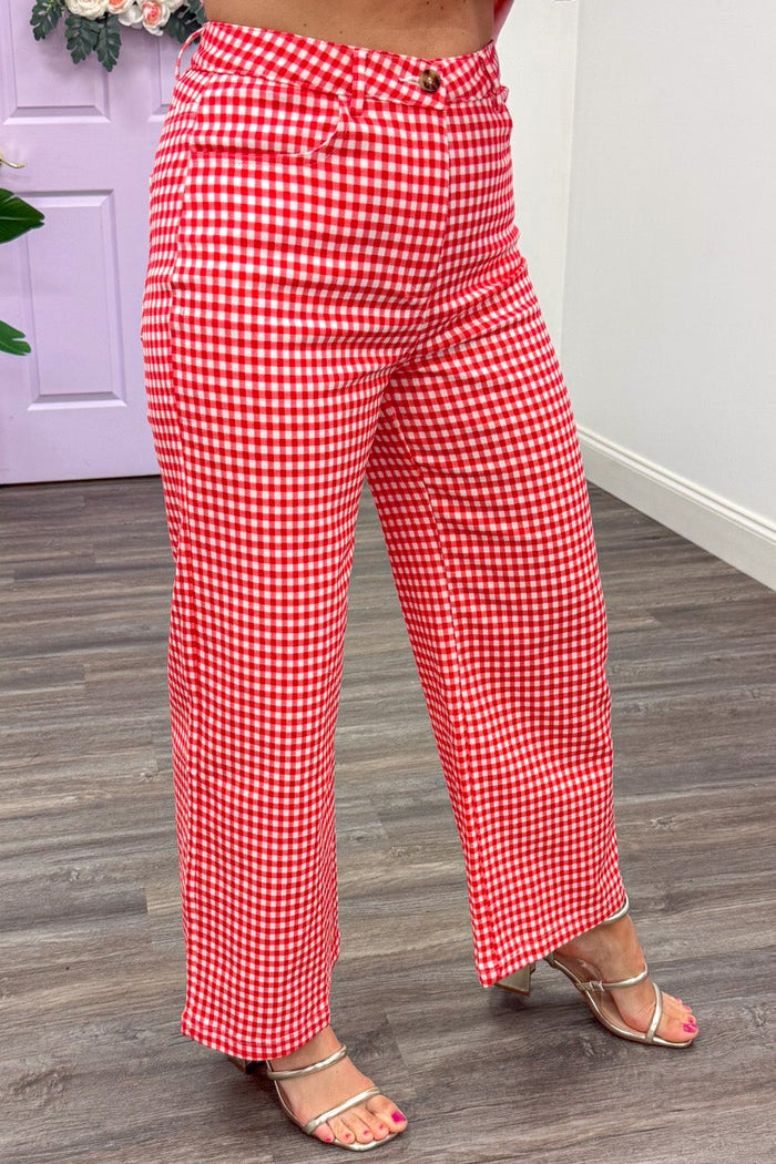 red and white gingham checkered print wide leg twill pants with belt loops