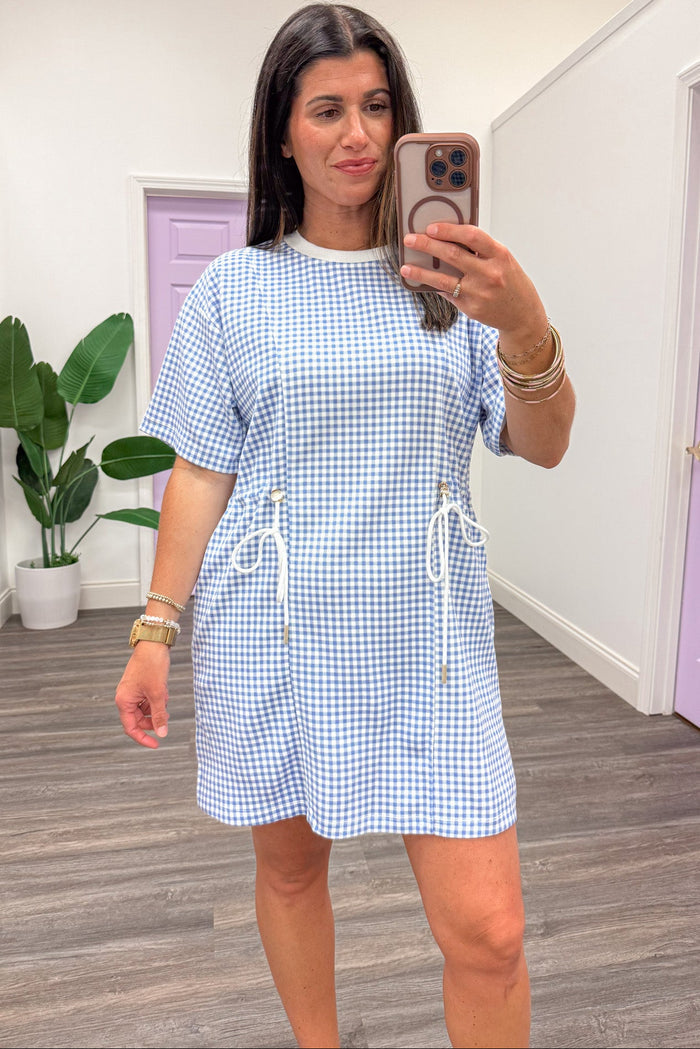 blue and white gingham print cinch waist crew neckline knit short dress
