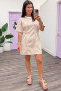 tan and white gingham checkered print cinch waist knit short dress