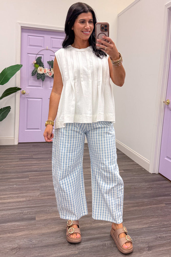 blue and white gingham checkered print twill denim barrel leg pants