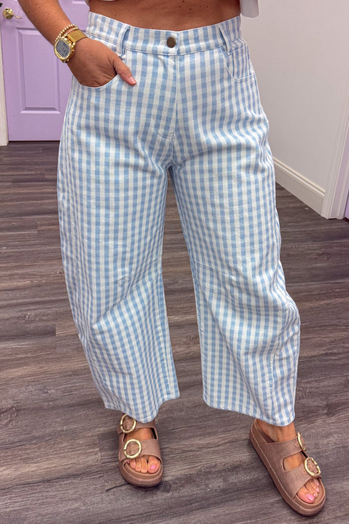 blue and white gingham checkered print twill denim barrel leg pants with belt loops