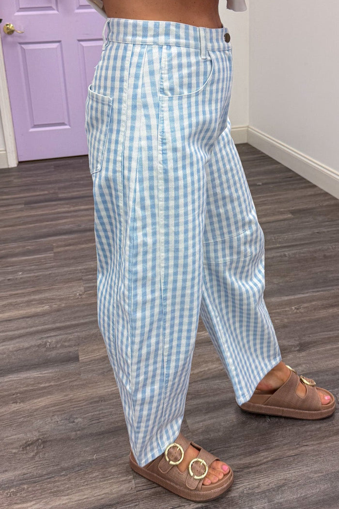 blue and white gingham checkered print twill denim barrel leg pants with five pocket design