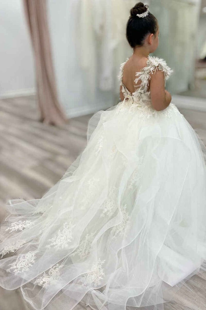 Glamorous White Tulle Backless Long Flower Girl Dress with Feathered Straps