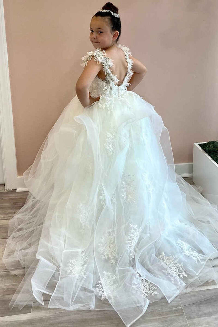 Glamorous White Tulle Backless Long Flower Girl Dress with Feathered Straps