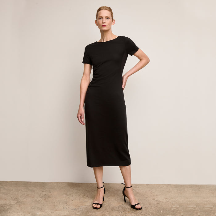 Front image of a woman wearing The Glenda Dress-Pima Cotton Jersey :: Black | Lead