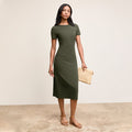 Front image of a woman wearing The Glenda Dress-Pima Cotton Jersey :: Rosin | Lead