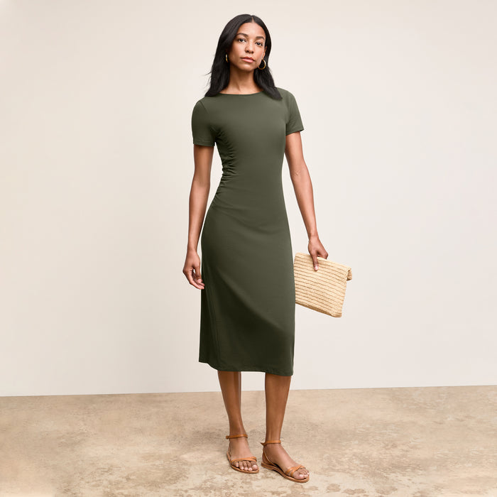 Front image of a woman wearing The Glenda Dress-Pima Cotton Jersey :: Rosin | Lead