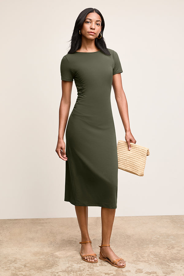 Front image of a woman wearing The Glenda Dress-Pima Cotton Jersey :: Rosin | Grid | Exclude