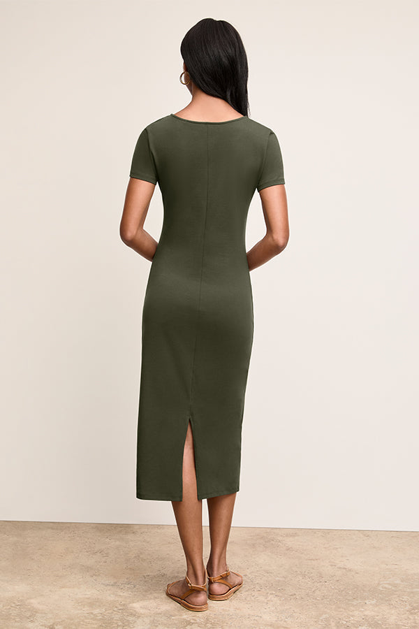 Back image of a woman wearing The Glenda Dress-Pima Cotton Jersey :: Rosin | Grid Hover | Exclude