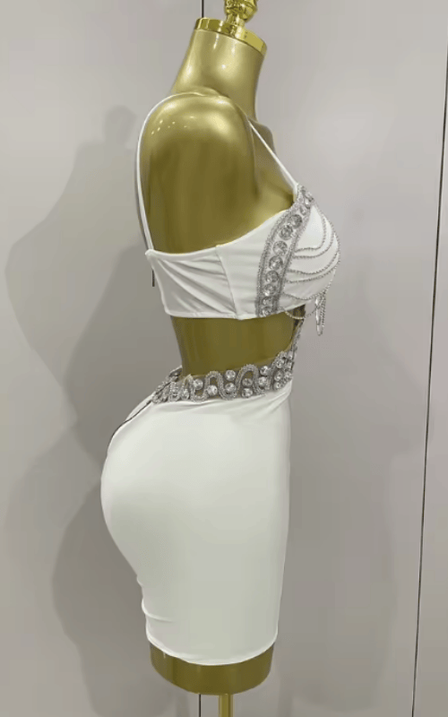 Glenda Luxury White Diamond Chain Sleeveless Bodycon Mini Dress