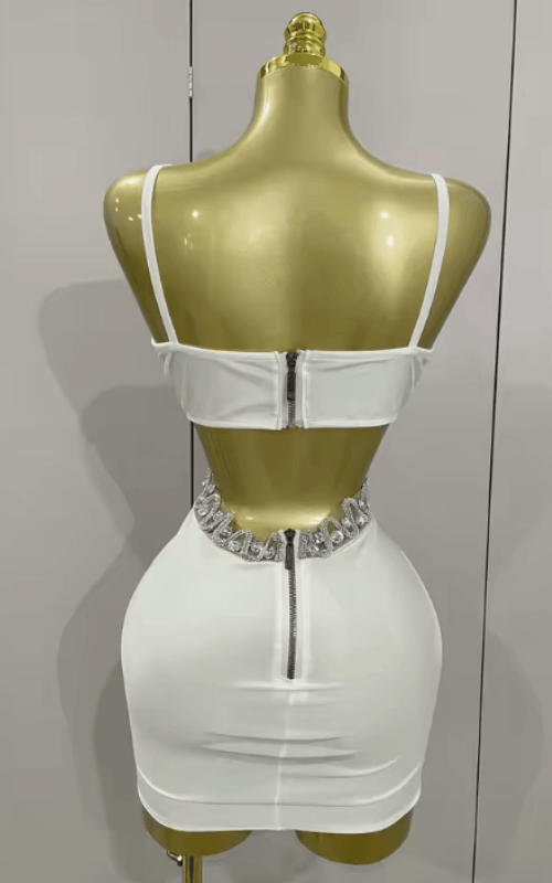 Glenda Luxury White Diamond Chain Sleeveless Bodycon Mini Dress