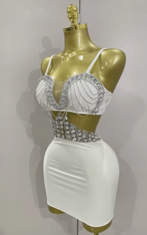 Glenda Luxury White Diamond Chain Sleeveless Bodycon Mini Dress