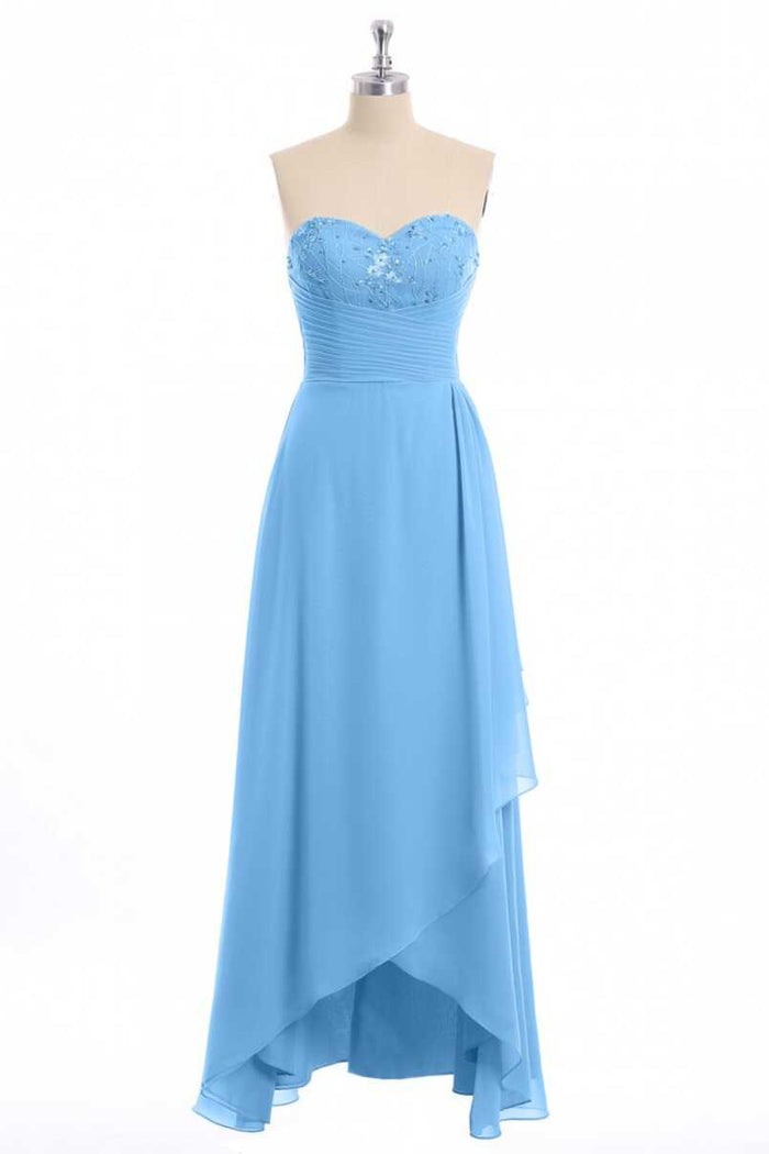 Glitter Blue Chiffon Sweetheart Ruffled Bridesmaid Dress