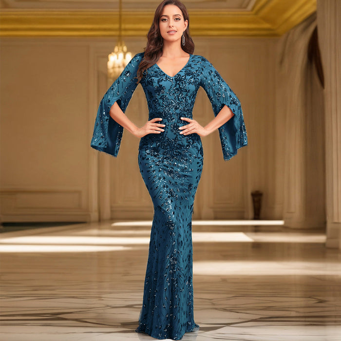 Glitter Mermaid Dress Mother of The Bride Long Sleeve V-Neck Formal Gown - Rosymae