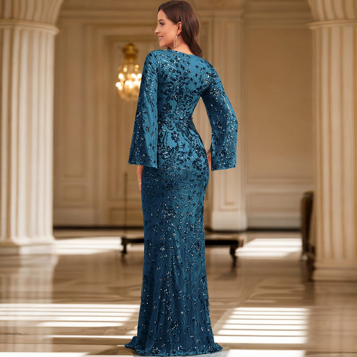 Glitter Mermaid Dress Mother of The Bride Long Sleeve V-Neck Formal Gown - Rosymae