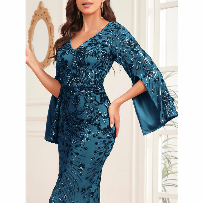 Glitter Mermaid Dress Mother of The Bride Long Sleeve V-Neck Formal Gown - Rosymae