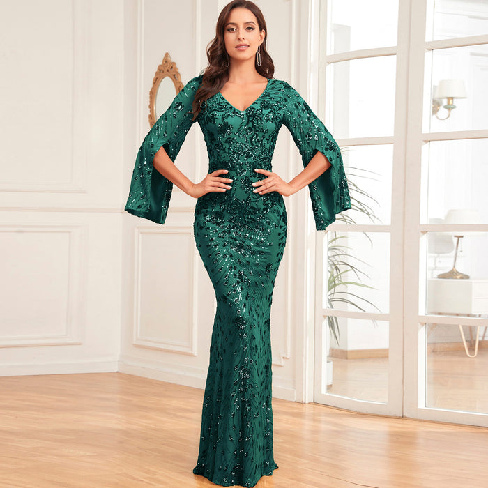 Glitter Mermaid Dress Mother of The Bride Long Sleeve V-Neck Formal Gown - Rosymae