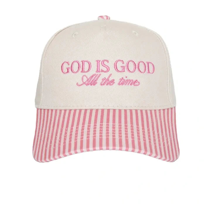 god is good all the time pink striped trucker hat