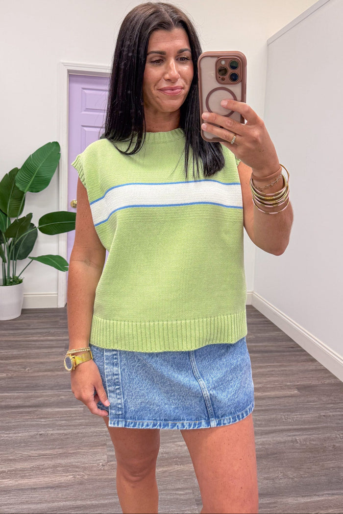 lime green with blue and cream stripe detail sleeveless knit top