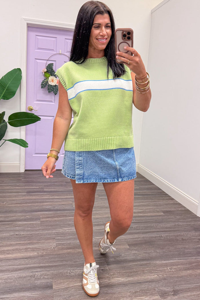 lime green with blue and cream colorblock sleeveless knit top