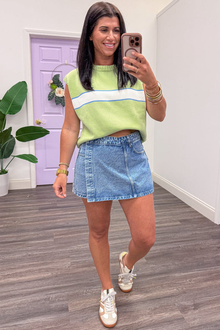 lime green with blue and cream stripe detail sleeveless semi-cropped knit top