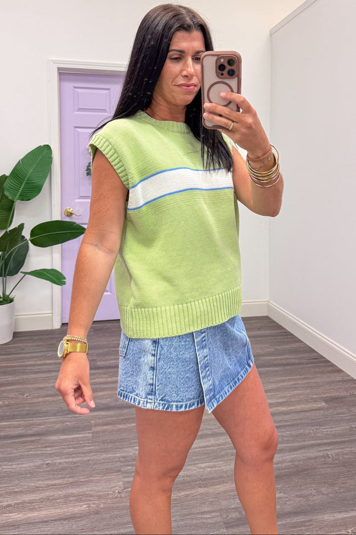 lime green with blue and cream stripe detail sleeveless with ribbed trim knit top
