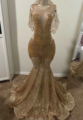 Gold V-Neck Sleeveless Beadedd Pleated Mermaid Prom Dress for Black Girls