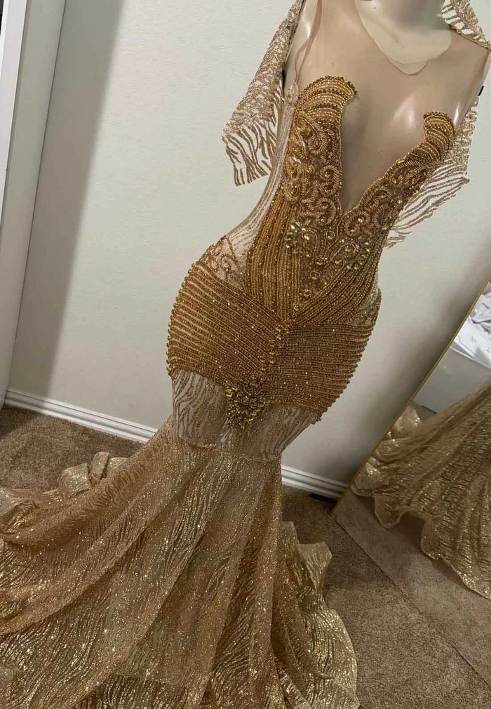 Gold V-Neck Sleeveless Beadedd Pleated Mermaid Prom Dress for Black Girls