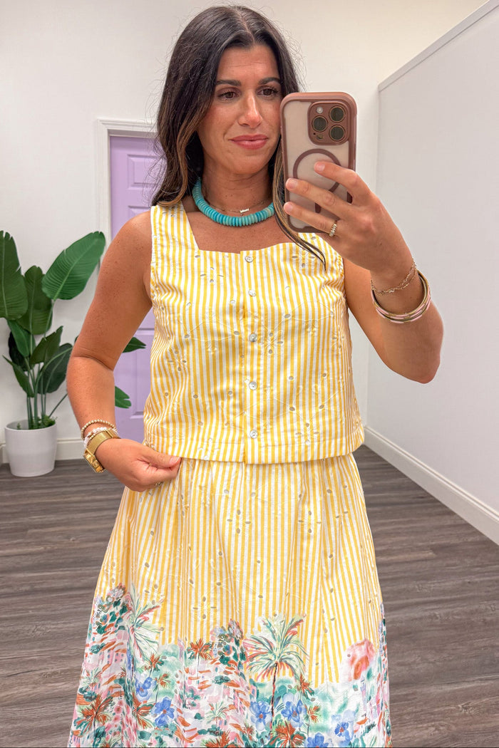 golden yellow and cream striped with embroidered eyelet details button front semi-cropped top