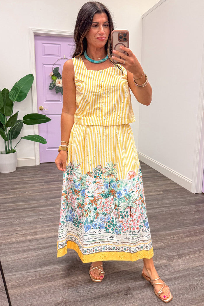 golden yellow and cream striped with embroidered eyelet details button front semi-cropped sleeveless top