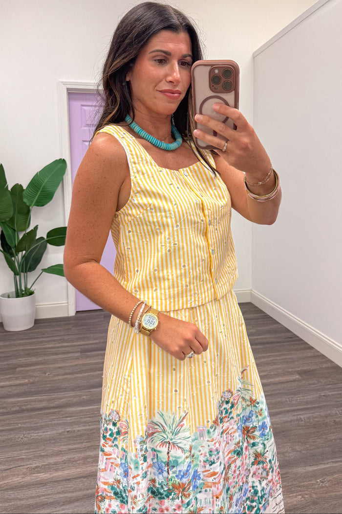 golden yellow and cream striped with embroidered eyelet details button front square neckline top