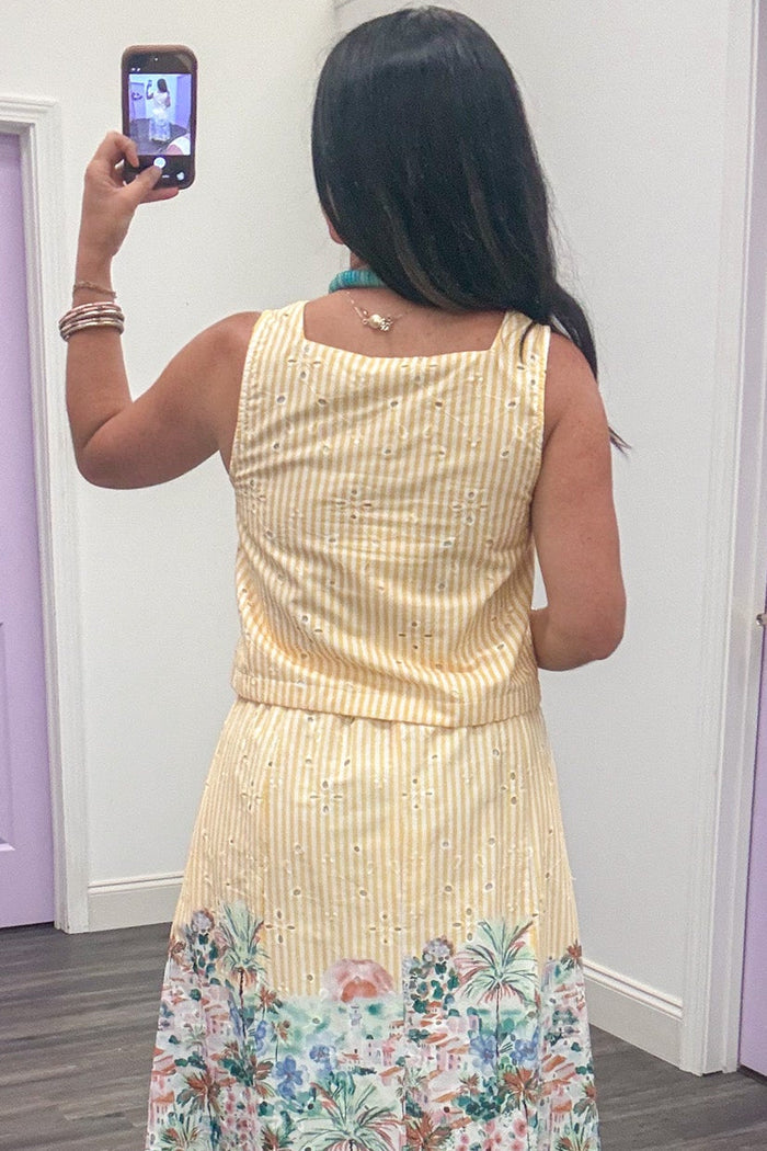 golden yellow and cream striped with embroidered eyelet details button front semi-cropped cotton top