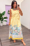 golden yellow striped with bright floral and eyelet details midi skirt