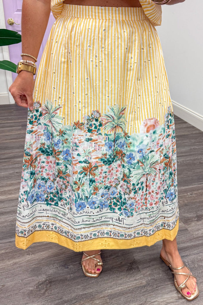 golden yellow striped with bright floral and embroidered eyelet details midi skirt